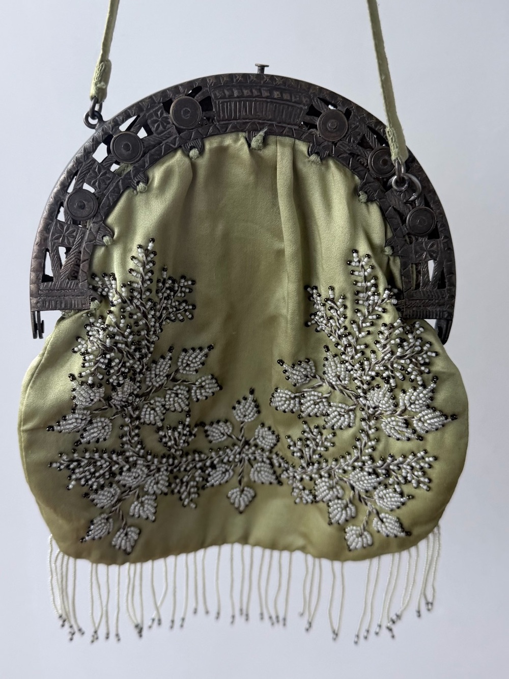 Vintage Megan Park Beaded Olive Green Evening Clutch with Embroidered Fringe